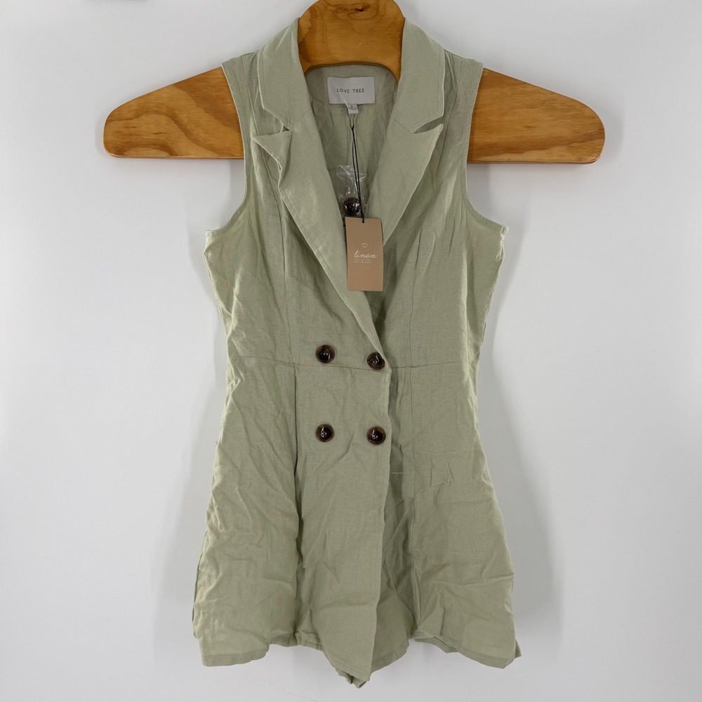 Love Tree Sage Green Linen Blend Sleeveless Double Breasted Romper 371JKH Small